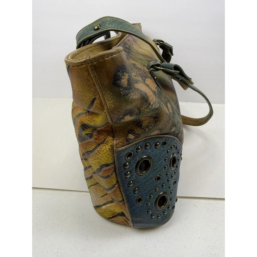 Anuschka peacock feather satchel bag studded blue hand painted signed art purse